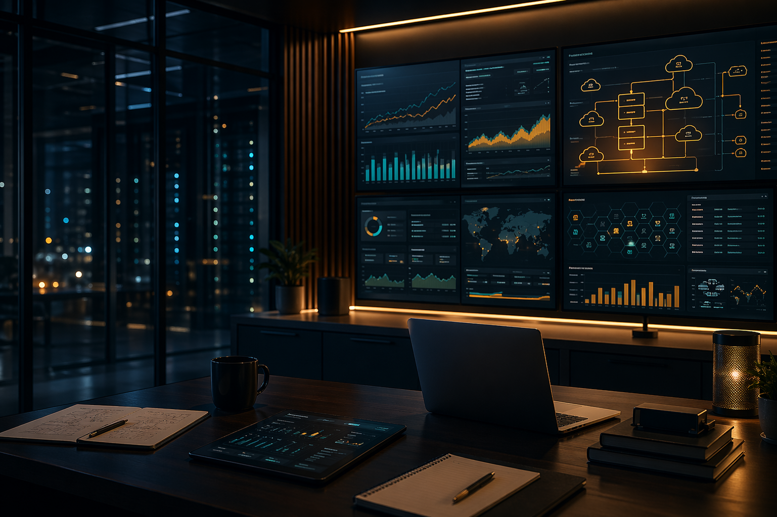 Operations center with infrastructure dashboards and system maps